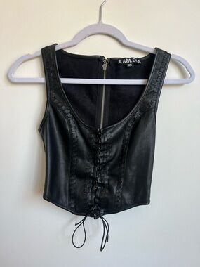I.AM.GIA Black Faux Leather Lace-Up Corset Crop Top